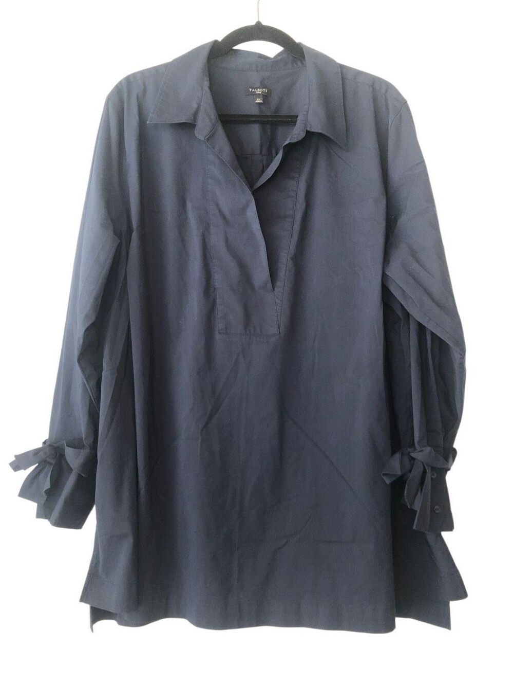 Talbots 3X Navy Tunic Blouse Long Sleeve Tie Cuff V Neck Minimalist Career